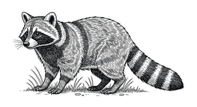 Realistic black and white illustration of a raccoon walking on grass with its characteristic masked face and striped tail in fine detail.