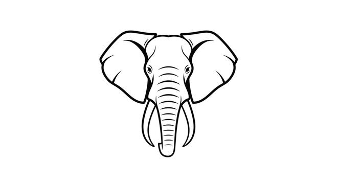 Frontal view of an elephant head with large ears and long tusks in a clean black and white line art style for a powerful animal logo.