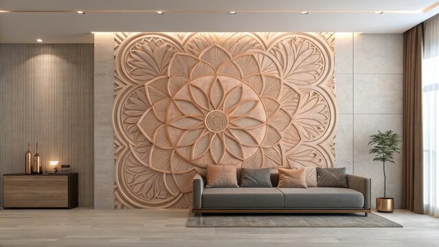 Modern living room with ornate carved wall panel and sofa