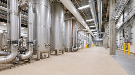 Fototapeta premium Large industrial water treatment facility interior with stainless steel tanks and complex pipe