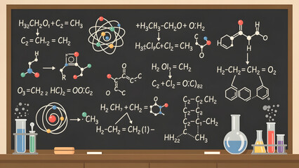 colorful chemical formulas and molecular structures on blackboard with laboratory glassware © Tati Seni