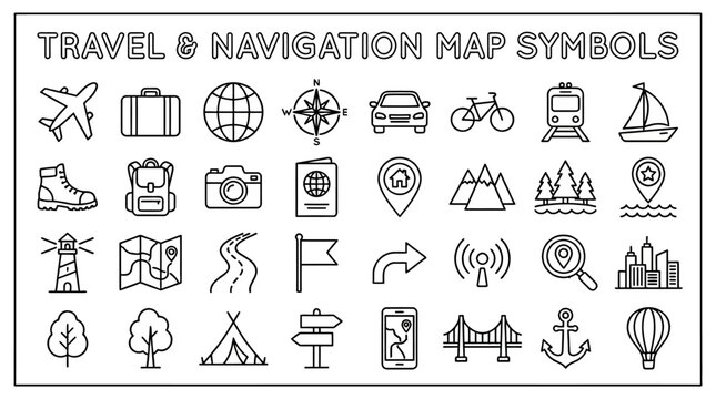 Set of travel and navigation map line icons.
