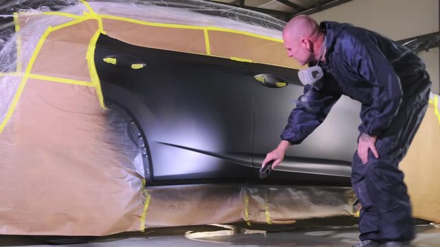 Auto body specialist examining freshly painted car door with inspection lamp in repair garage, verifying coating coverage and finish quality before insurance repair approval.