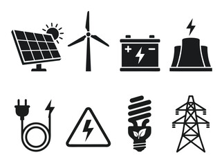 Fototapeta premium Renewable energy icons show solar panel, wind turbine, battery, and power symbols