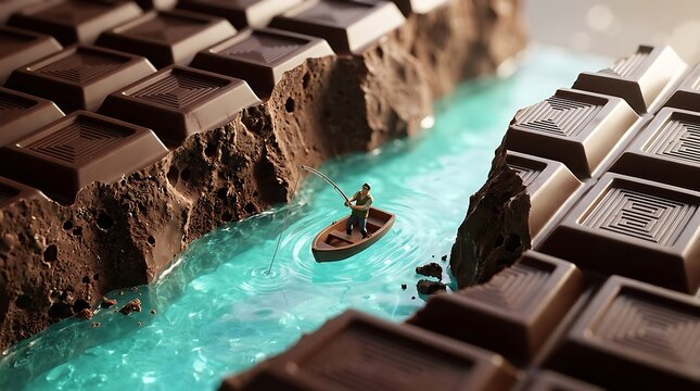 Pemancing miniatur berada di perahu atas sungai biru di antara tebing cokelat melambangkan ketenangan eksplorasi dunia fantasi kuliner