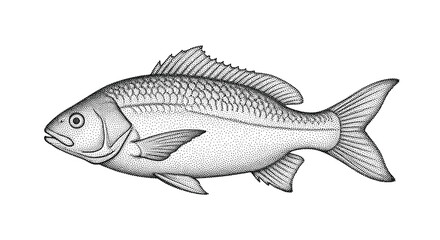 Fototapeta premium Detailed stippled illustration of a fish showing its scales and fins in a traditional pointillism style on white.