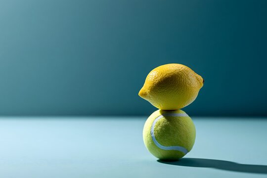 Balancierte Zitronen vor minimalistischem Hintergrund in modernem Licht