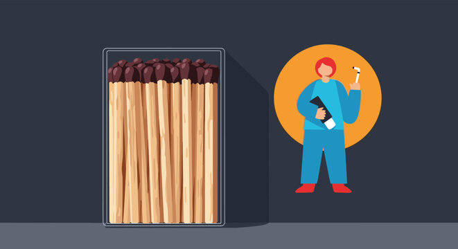 Illustration showing a large box of wooden matches next to a character holding a matchstick and paint against a dark grey wall background.