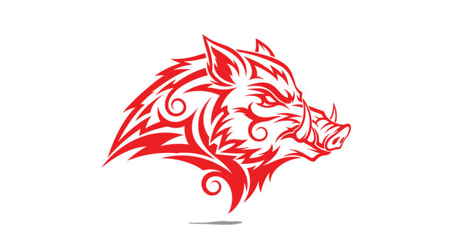 Striking red tribal tattoo style illustration of a wild boar head with sharp tusks and decorative flame like swirls.