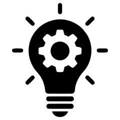 Simple black vector graphic illustration depicting a glowing light bulb with a mechanical gear inside representing the concept of innovation and creative thinking © Vectscape
