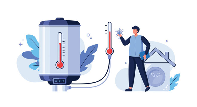 Professional technician inspecting a domestic water heater and checking the temperature with a thermometer for home maintenance concept.