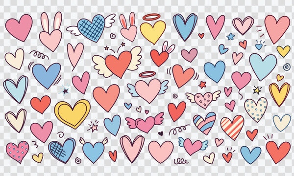 Colorful cartoon hearts with wings and various cute designs isolated background
