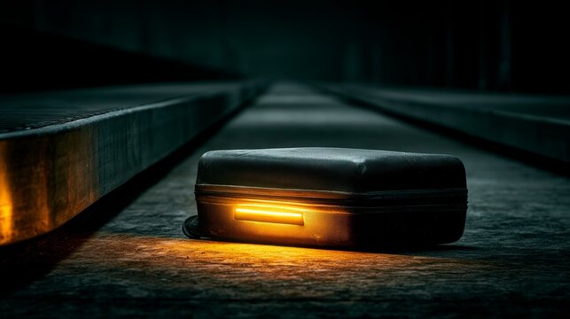 Glowing railroad tracks perspective with steam engine detail on foggy railway platform