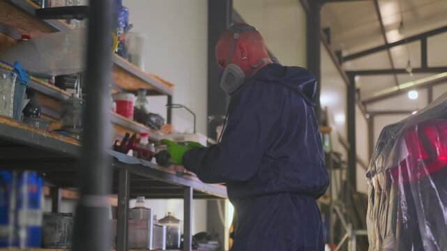 Auto body painter preparing materials for clear coat mixing on workshop shelf, selecting lacquer supplies before finishing masked car repair during insurance refinishing and collision restoration