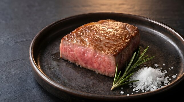 Premium wagyu cube steak served with rosemary and sea salt on dark plate in elegant gourmet restaurant style.