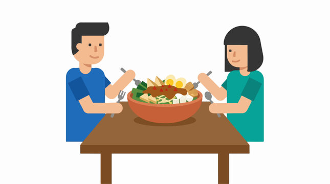 Man and woman sharing a large gado gado salad bowl