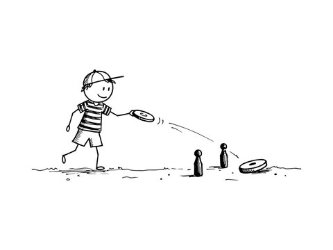 A hand-drawn stick figure illustration of a child playing a traditional malha toss game with wooden pins and discs on a white background.