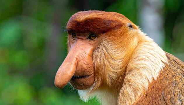 Close-up portrait of a male proboscis monkey with large nose in natural habitat