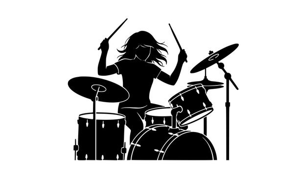 Energetic Musician Playing Drum Kit Silhouette Vector Illustration