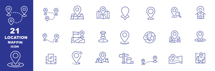 Navigation thin line icon set. Determining geographic location, route planning, and spatial orientation. Geolocation, pinpoint, map, road, compass, check point, GPS - stock vector. © HIKE  Studio  1