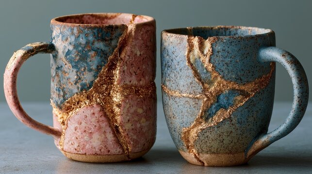 Pair of artisan glazed pottery mugs with blue and pink rustic glaze accents