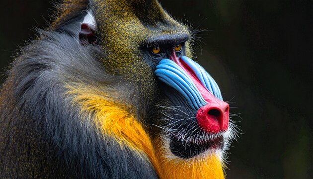 Close-up portrait of an adult male mandrill with vibrant facial colors