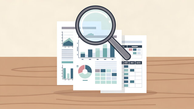 business data analysis with magnifying glass on wooden table showing charts and graphs
