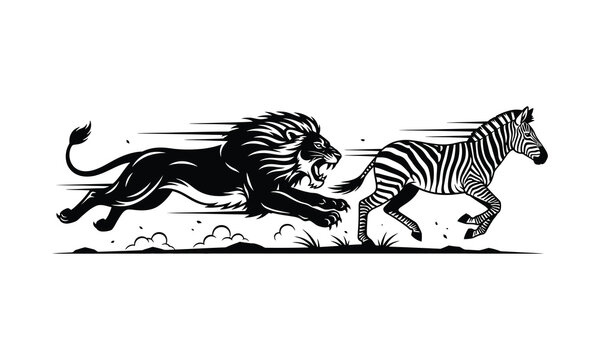 Lion chasing zebra, zebra fleeing lion, predator prey chase, lion hunt silhouette, zebra running from lion, savanna pursuit vector, lion sprinting after zebra, zebra stripes silhouette