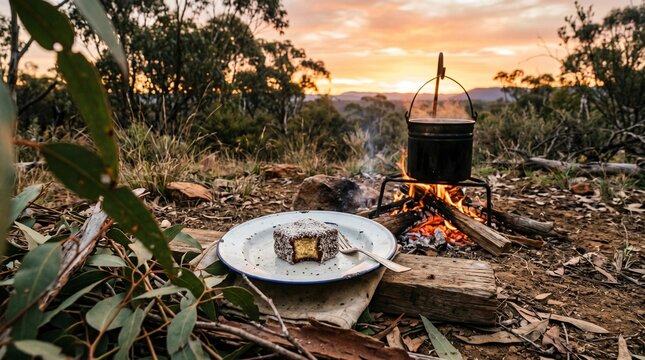 Lamington on Enamel Plate at Australian Bush Campfire at Sunset