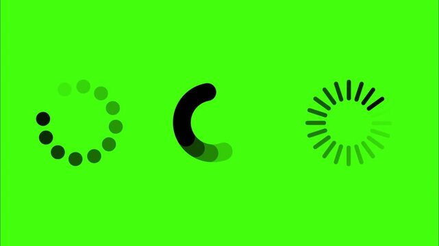 Minimalist Black Loading Spinners and Buffering Icons Pack on Green Screen Background. A high-quality 4K animation featuring three different styles of black progress bars and buffering spinners 