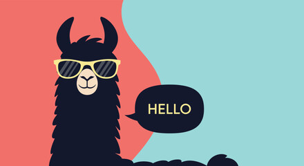 Fototapeta premium Cool black llama wearing stylish yellow sunglasses says hello in a dark speech bubble against a colorful pink and teal abstract background.