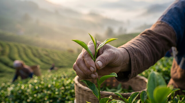 Close up of a farmer's hand carefully picking fresh green tea leaves in a misty mountain plantation at sunrise during harvest.