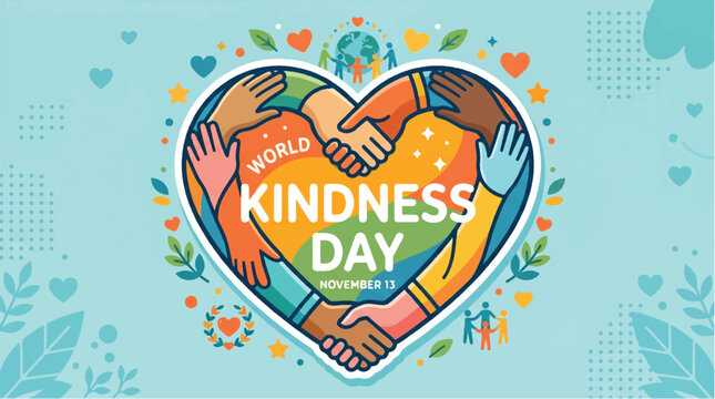 World kindness day november 13th diverse hands holding heart shaped symbol of unity and compassion with leaves and hearts on light blue background