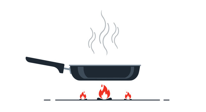 Black non stick frying pan sits on a gas stove with red flames underneath and steam rising from its surface against a white background.