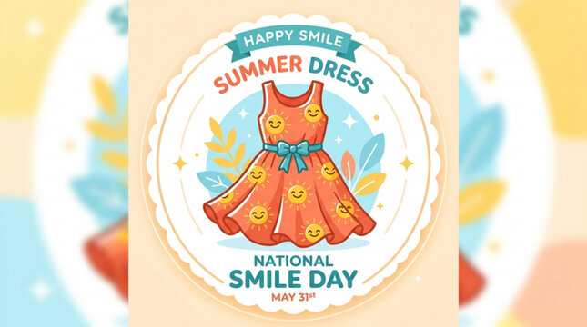 Vibrant summer dress with smiley sun patterns for national smile day on may 31st in a colorful background