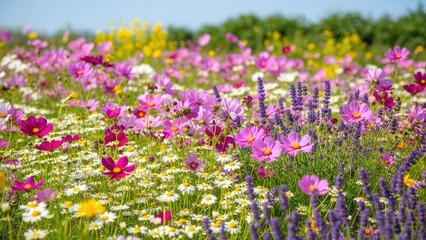 Fototapeta premium Vibrant wildflower meadow in full bloom under sunny sky