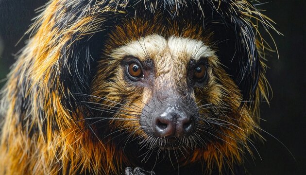 Close-up portrait of a white-faced saki monkey with shaggy fur in dark setting