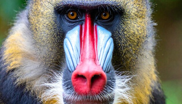 Close-up portrait of a male drill baboon with colorful face and white beard