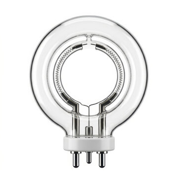 Modern industrial halogen light bulb with clear glass housing and metal base.