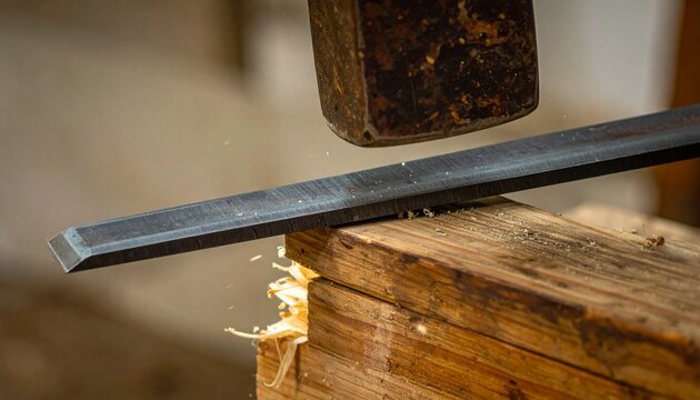 Close-up of mortise chisel struck by wooden mallet on workbench