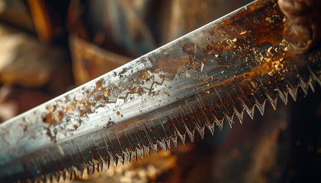 Close-up of sharp metal saw teeth with set rake and gullet on handsaw blade