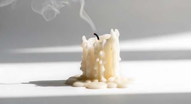 Melted candle with smoke on white.