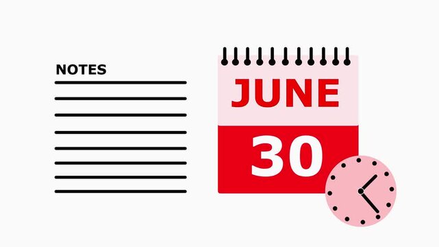 Calendar page showing June 30th with notes section, daily planner, monthly calendar, date reminder, schedule organizer, June 30 calendar, daily schedule.