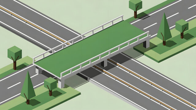 isometric green overpass bridge with trees and multiple roads urban infrastructure design