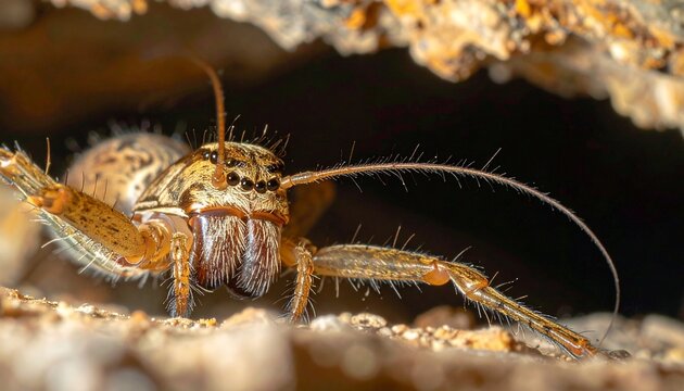 Close-up macro of whip spider with sensory antenniform legs in dark habitat