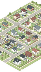 Fototapeta premium isometric suburban neighborhood with pastel colored houses green lawns trees and driveways