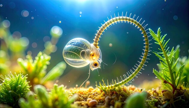 Microscopic freshwater Vorticella ciliate with contracted stalk in aquatic habitat