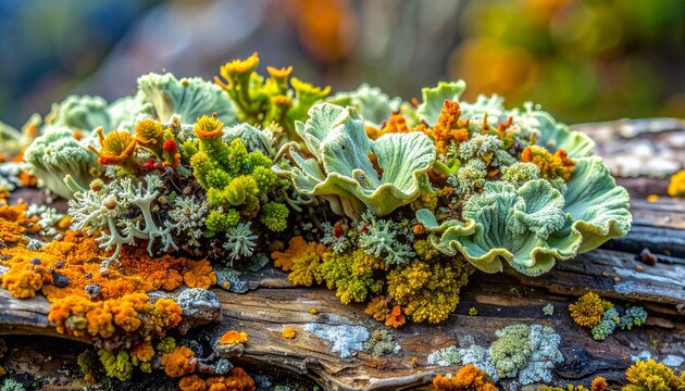 Close-up of colorful lichen growing on bark and rock in natural light