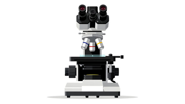 professional white compound microscope with black knobs and lens on white background