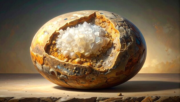 Cross-section of a septarian nodule with calcite crystal fill in warm light